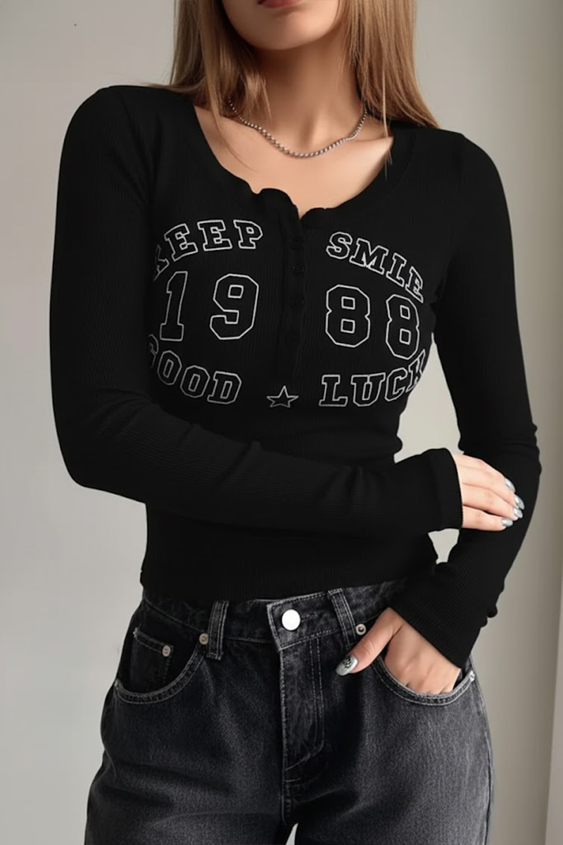 Siyah Keep Smile Düğmeli Street Y2K Uzun Kollu Crop