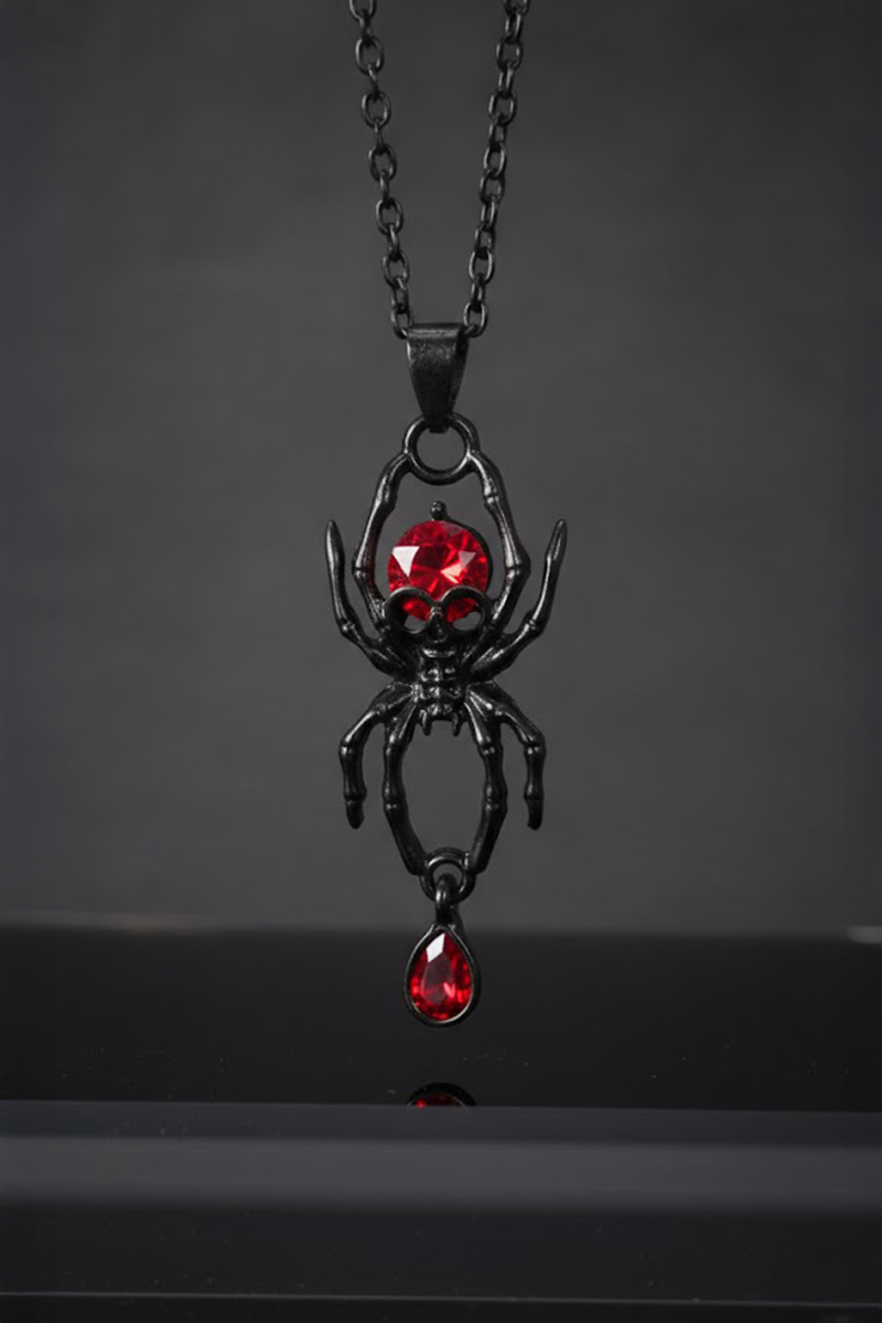 Siyah Kırmızı Damla Taşlı Gotik Spider Kolye