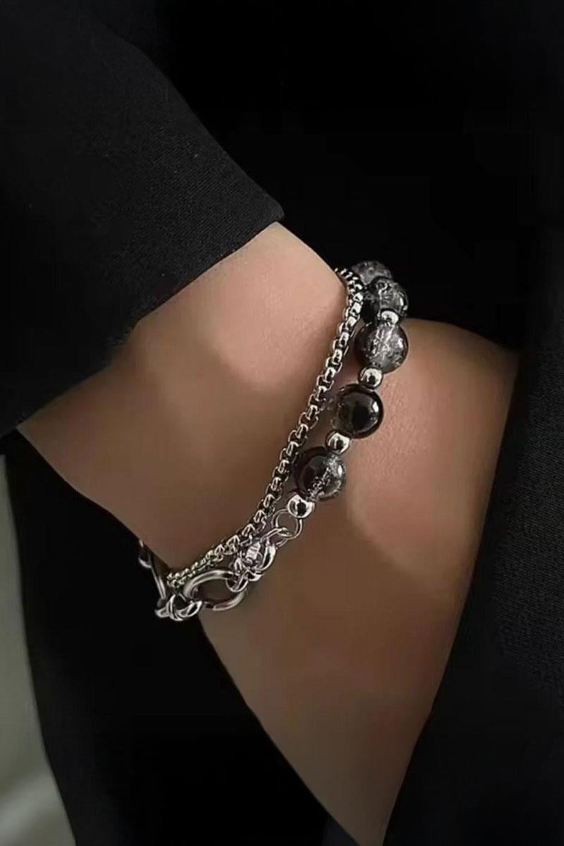 Siyah Kristal Boncuk ve Zincir Detaylı Bileklik