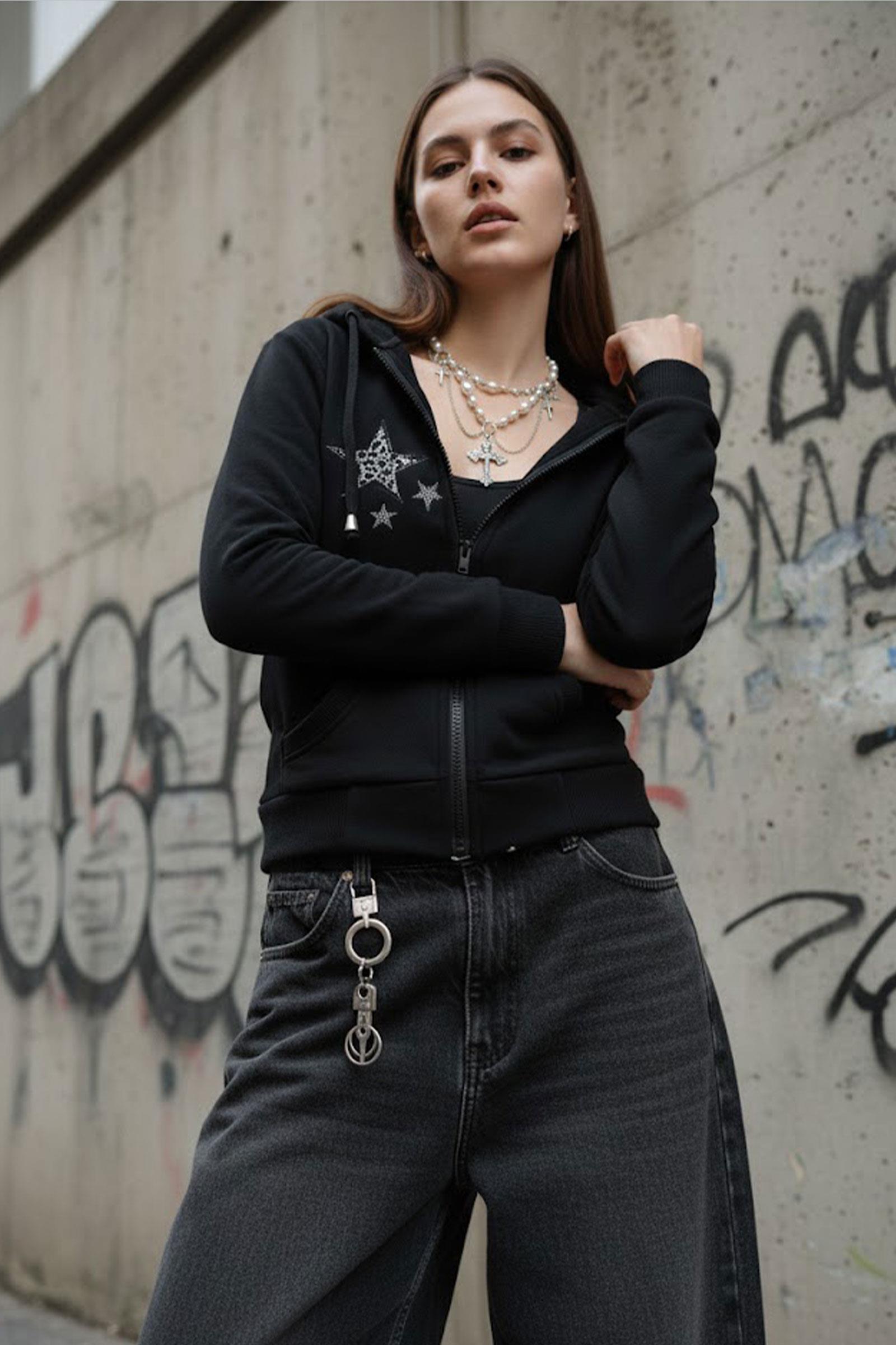 Siyah Leopar Desenli Star Harajuku Y2K Kapüşonlu Crop Hırka