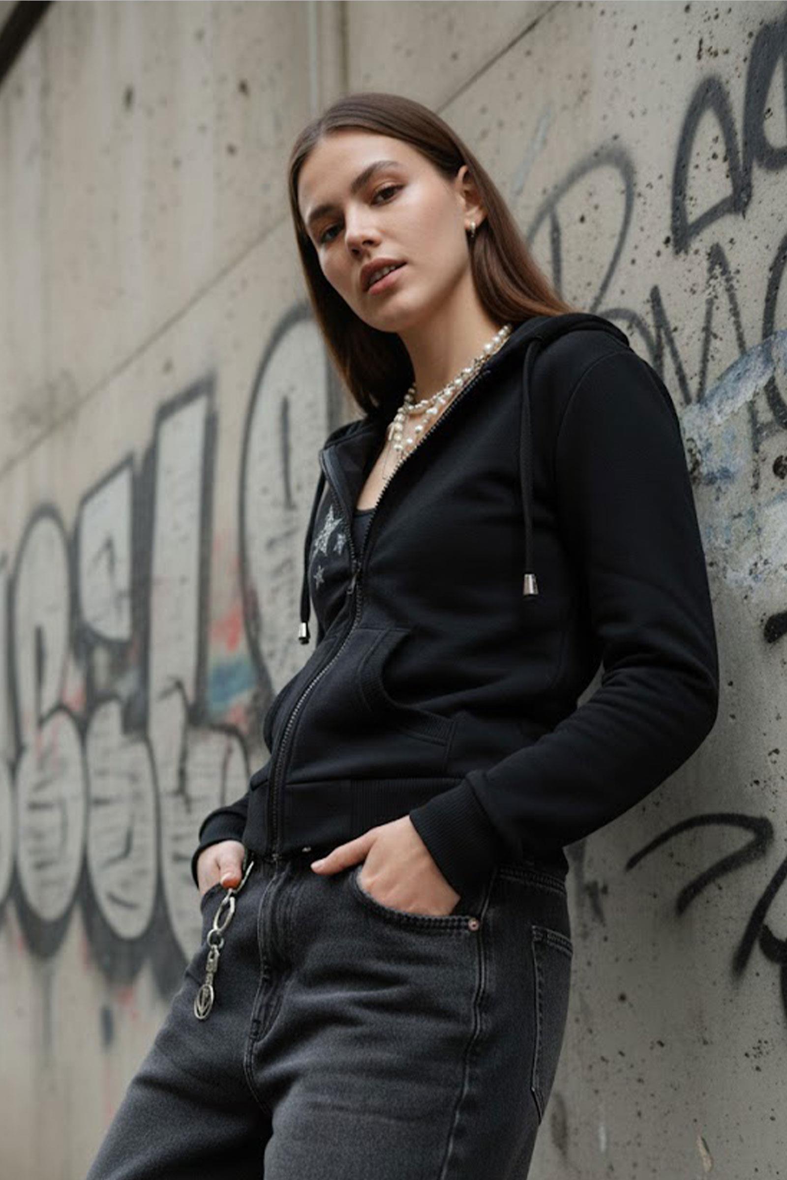 Siyah Leopar Desenli Star Harajuku Y2K Kapüşonlu Crop Hırka