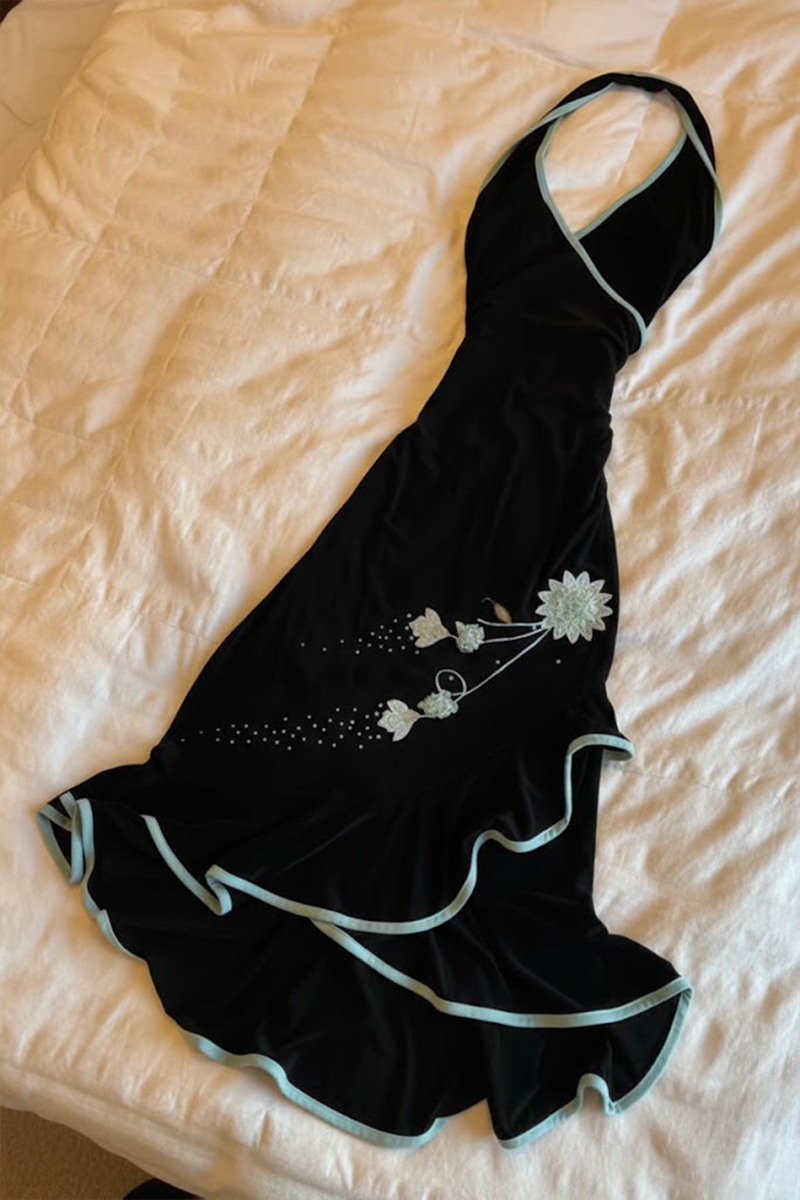 Siyah Mandarin Yaka Lotus Çiçeği Nakışlı Şerit Detaylı Y2K Elbise