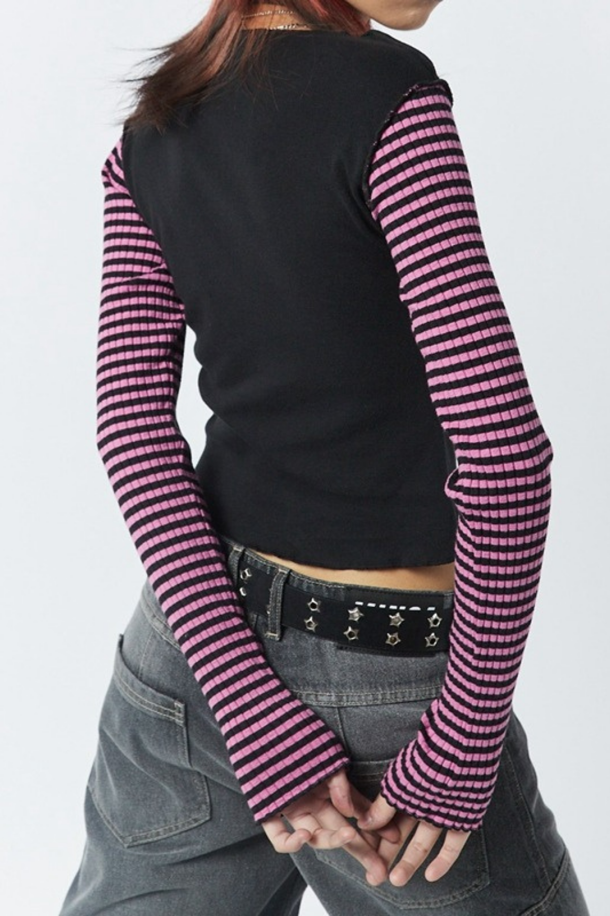 Siyah Raglan Pembe Star Gotik Y2K Uzun Kollu Crop