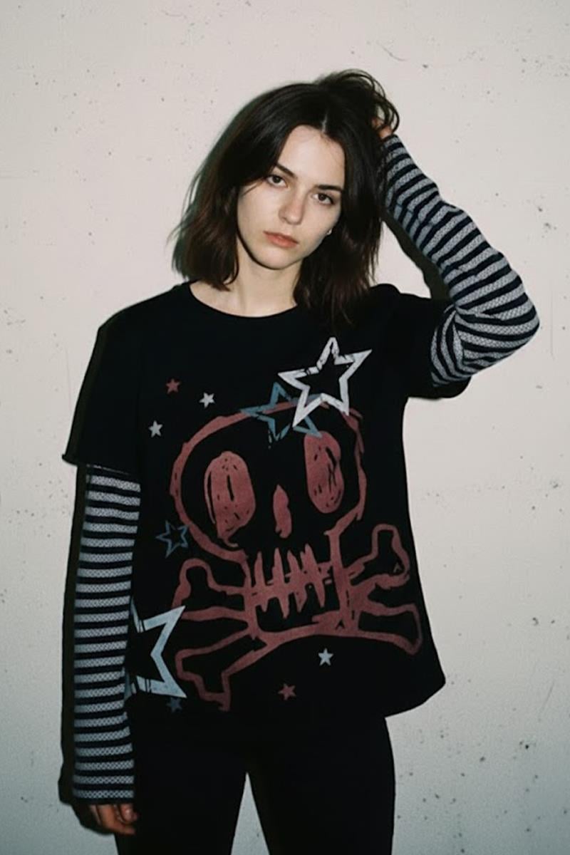 Siyah Skull Stars Çizgili Kollu Y2K Unisex Uzun Kollu T-Shirt 