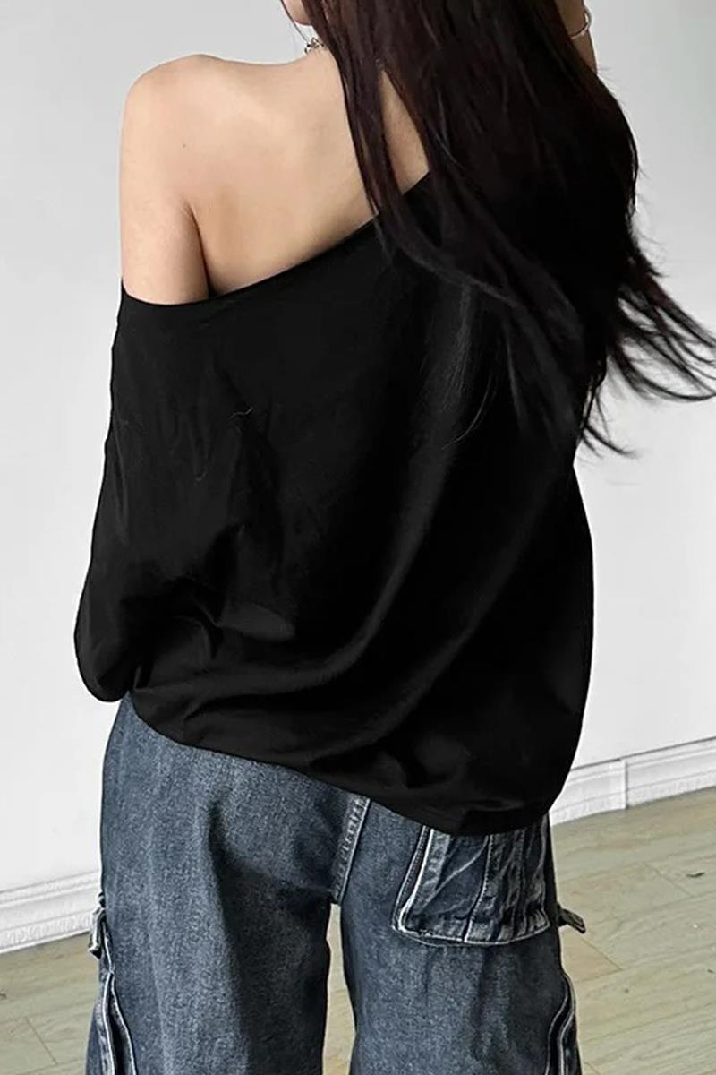 Siyah Swan Lake Salaş Omuz Dekolteli Off-Shoulder T-Shirt