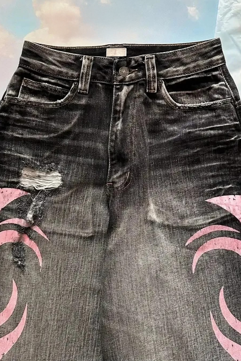 Siyah Taşlamalı Grunge Pembe Tribal Baskılı Harajuku Y2K Unisex Baggy Pantolon