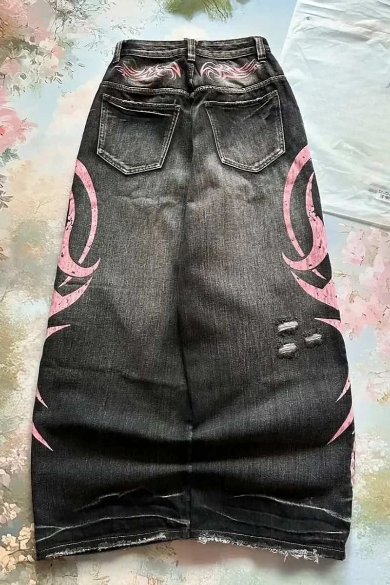 Siyah Taşlamalı Grunge Pembe Tribal Baskılı Harajuku Y2K Unisex Baggy Pantolon