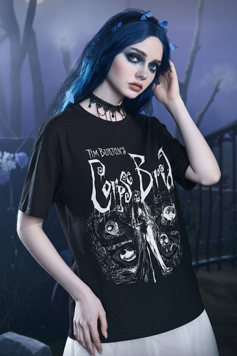 Siyah Tim Burton Corpse Bride Gotik Y2K Unisex T-Shirt