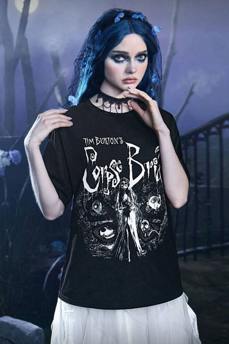 Siyah Tim Burton Corpse Bride Gotik Y2K Unisex T-Shirt