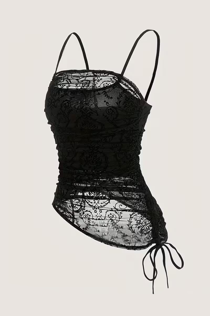 Siyah Transparan Dantelli Desenli Gotik Y2K Askılı Crop