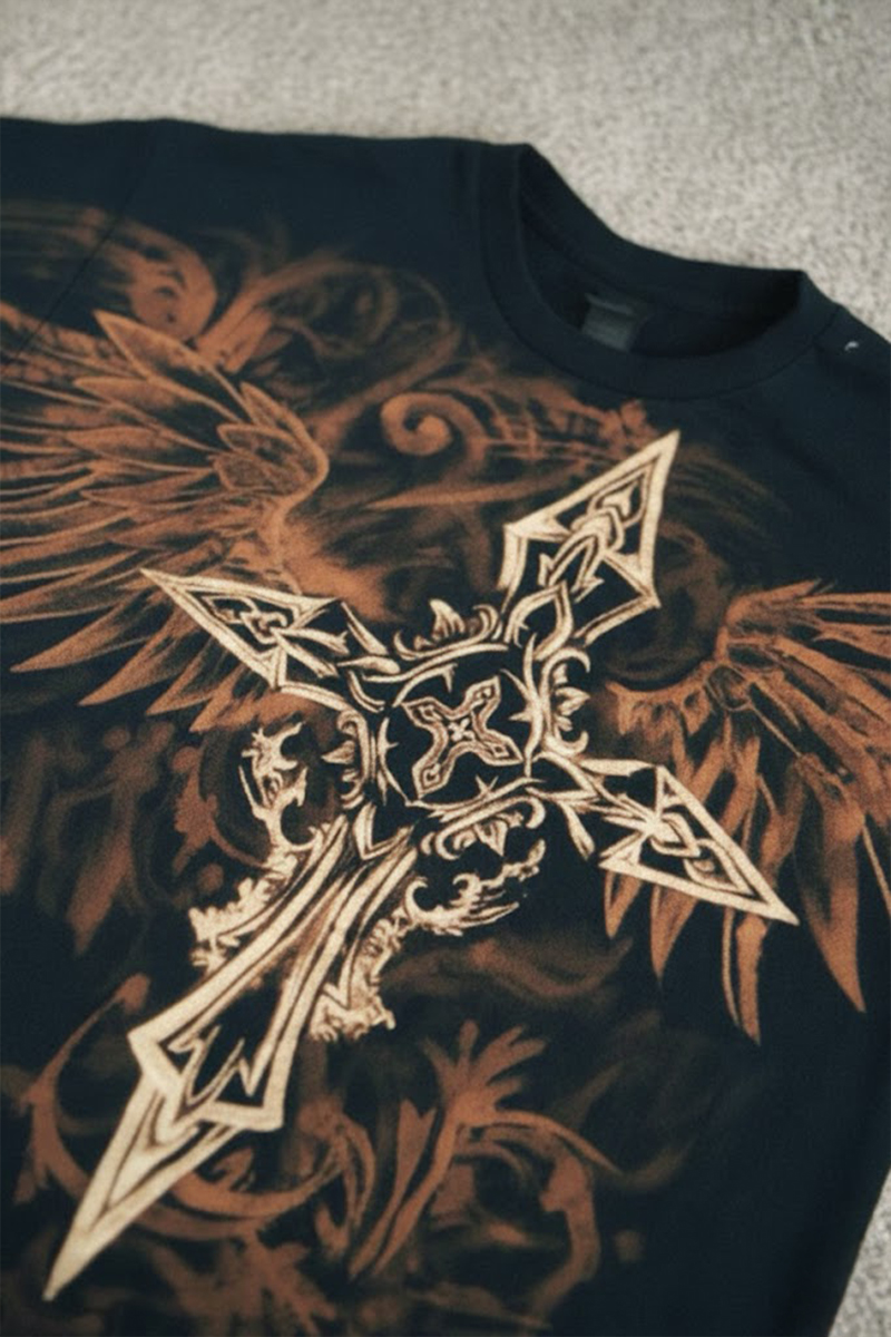 Siyah Vintage Aesthetic Winged Cross Y2K Unisex T-Shirt