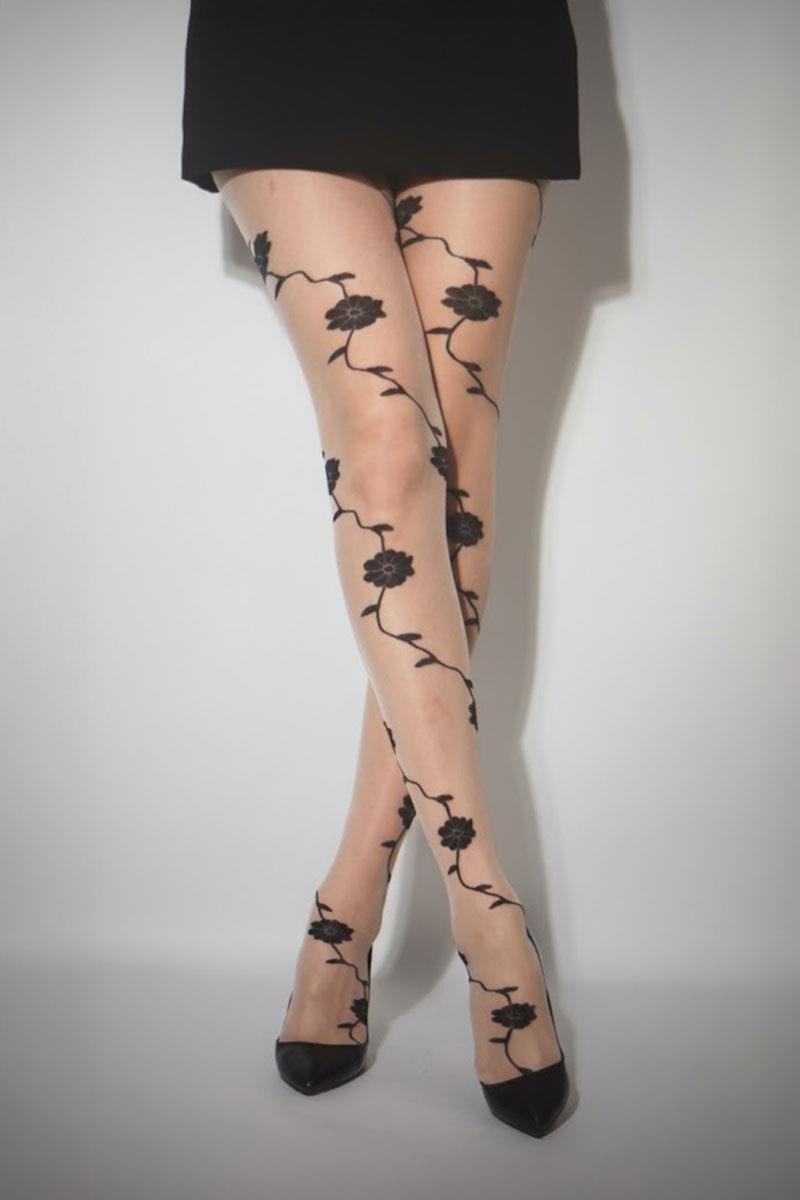 Siyah Vintage Çiçek Desenli Külotlu Çorap
