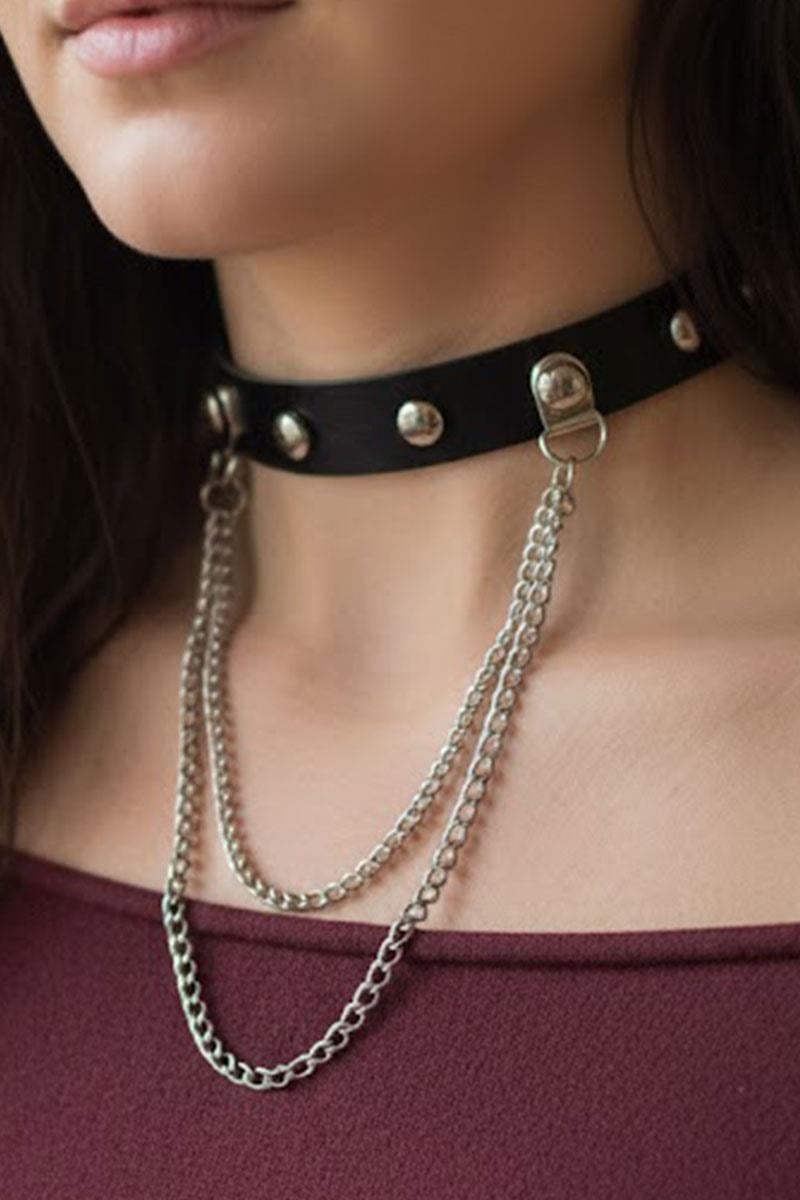 Yeni Çift Zincirli Yuvarlak Zımba Detaylı Siyah Deri Tasma