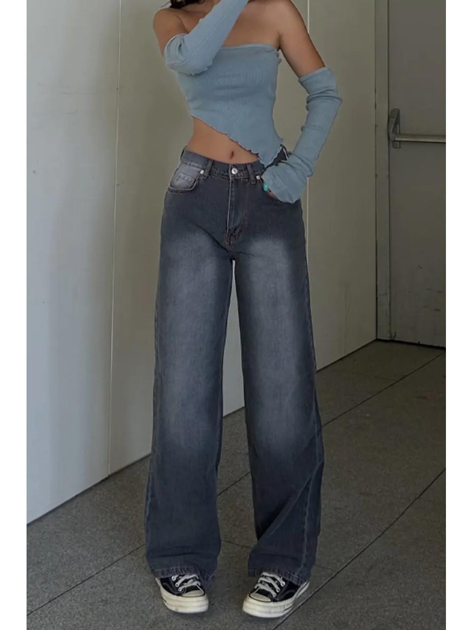 Yeni Gri Double Fire Skull Streetwear Yıkamalı Jean Pantolon