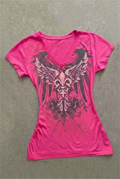  Pembe Gothic Wing Y2K Kısa Kollu Crop