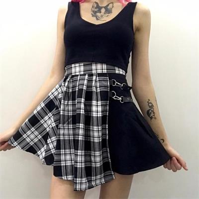 Anime Harajuku Punk Beyaz Ekoseli Deri Kemerli Mini Etek