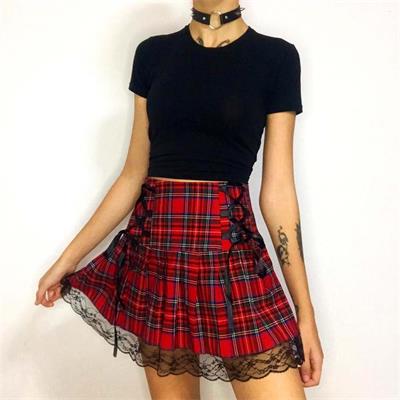 Anime Harajuku Street Dantel Detaylı Kırmızı Ekose Pileli Etek