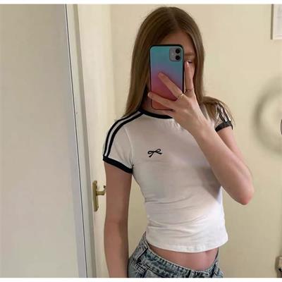 Beyaz Fiyonklu Siyah Şeritli Kısa Kollu Crop