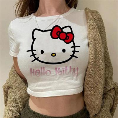 Beyaz Hello Kitty Cat Face Kısa Kollu Crop
