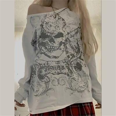 Beyaz Omuz Açık Skull Pattern Uzun Kollu Sweatshirt 