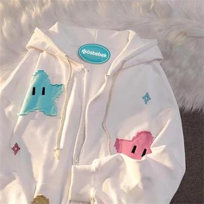 Beyaz Pixel Stars Kalın Kumaş Kapüşonlu Unisex Hırka 