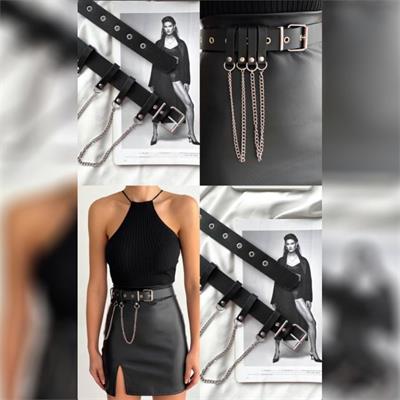 Çift Zincir Siyah Suni Deri Kemer