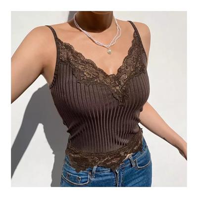 Dantel İşlemeli Kahverengi Y2K Askılı Crop