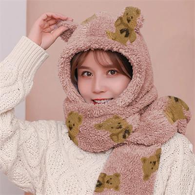 Düz Ayı Kulaklı Atkılı Peluş Bere