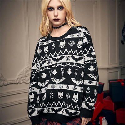 Etnik Siyah Gothic Desenli Oversize Kazak
