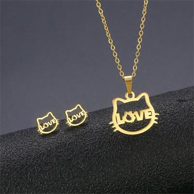 Gold Hello Kitty Face Love Kolye Ve Küpe Seti 