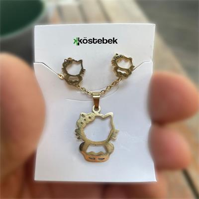 Gold Hello Kitty Toka Detaylı Silüet Kolye Ve Küpe Seti 