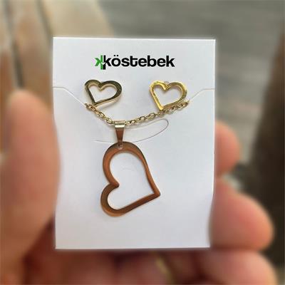 Gold Yassı Kalp Kolye Ve Küpe Seti 