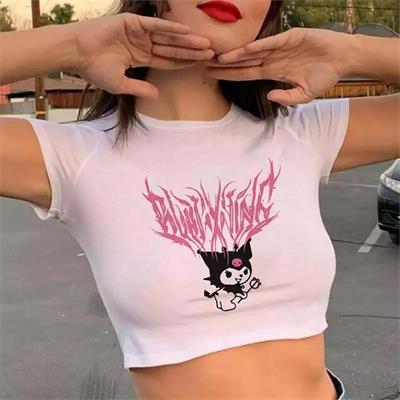 Harajuku Fashion Anime Kuromi Sanrio Yarım Beyaz Y2K Kısa Kollu Crop
