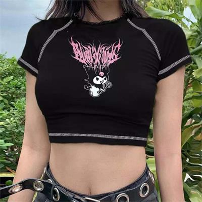 Syah Gotik Harajuku Fashion Anime Kuromi Sanrio  Y2K Kısa Kollu Crop