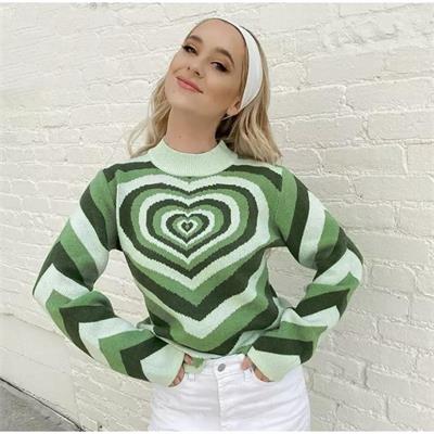 Harajuku Yeşil Kalp Desenli Kazak