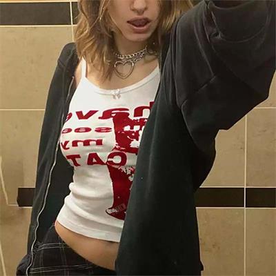 Beyaz Harajuku Gotik Have You Seen My Cat Y2K Askılı Crop