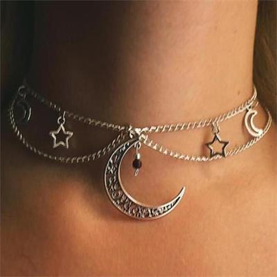 İşlemeli Half Moon Yıldız Kolaj Detaylı Zincirli Kolye 