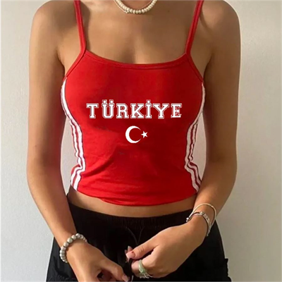 Kırmızı Beyaz Şeritli Türkiye Ay Yıldız Y2K Askılı Crop