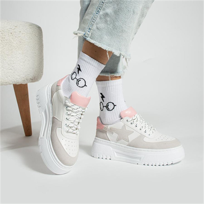 Krem Star Yüksek Taban Bağcıklı Sneaker Ayakkabı