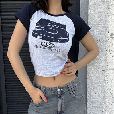 Lacivert Retro 5 Baskılı Kısa Kollu Crop