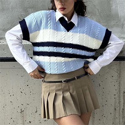 Mavi Ekru Şeritli V Yaka Oversize Süveter