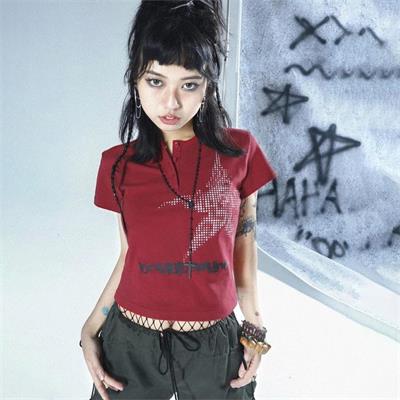 Red Harajuku Star Punch Kırmızı Y2K Kısa Kollu Crop