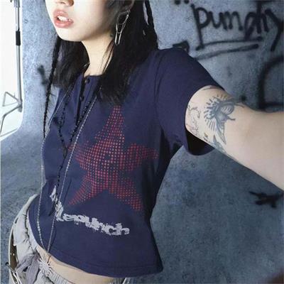 Red Harajuku Star Punch Lacivert Y2K Kısa Kollu Crop
