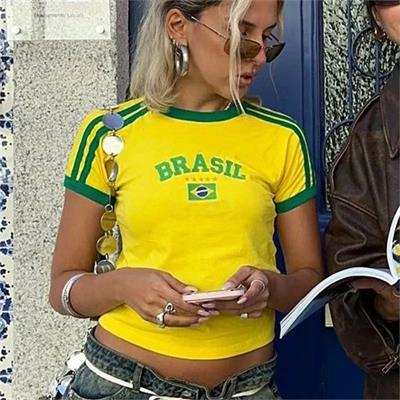Sarı Vintage Brasil Kısa Kollu Crop