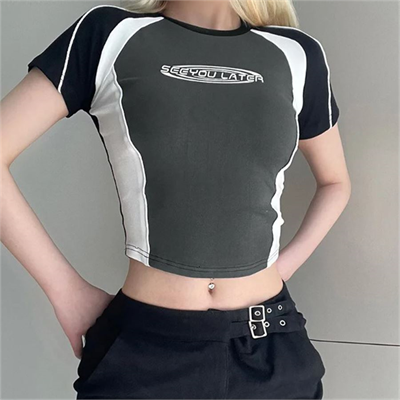 See You Later Şeritli Gri Kısa Kollu Crop 