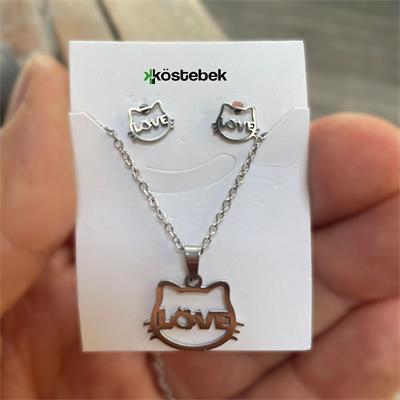 Silver Hello Kitty Face Love Kolye Ve Küpe Seti 