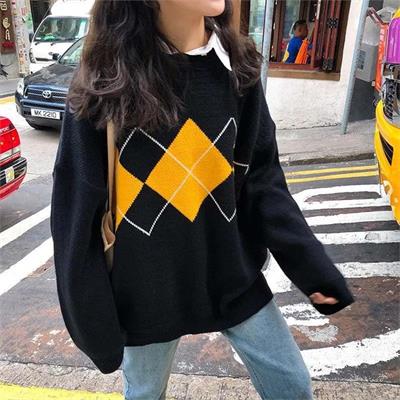 Siyah Baklava Desen Ekose Oversize Kazak