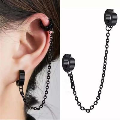 Siyah Çift Halkalı Zincirli Küpe