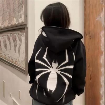Siyah Spider Sırt Baskılı Kalın Kumaş Kapüşonlu Unisex Hırka 