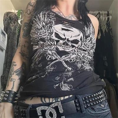 Siyah Gotik Vintage Skull Wings Cyber Grunge Full Body Askılı Crop